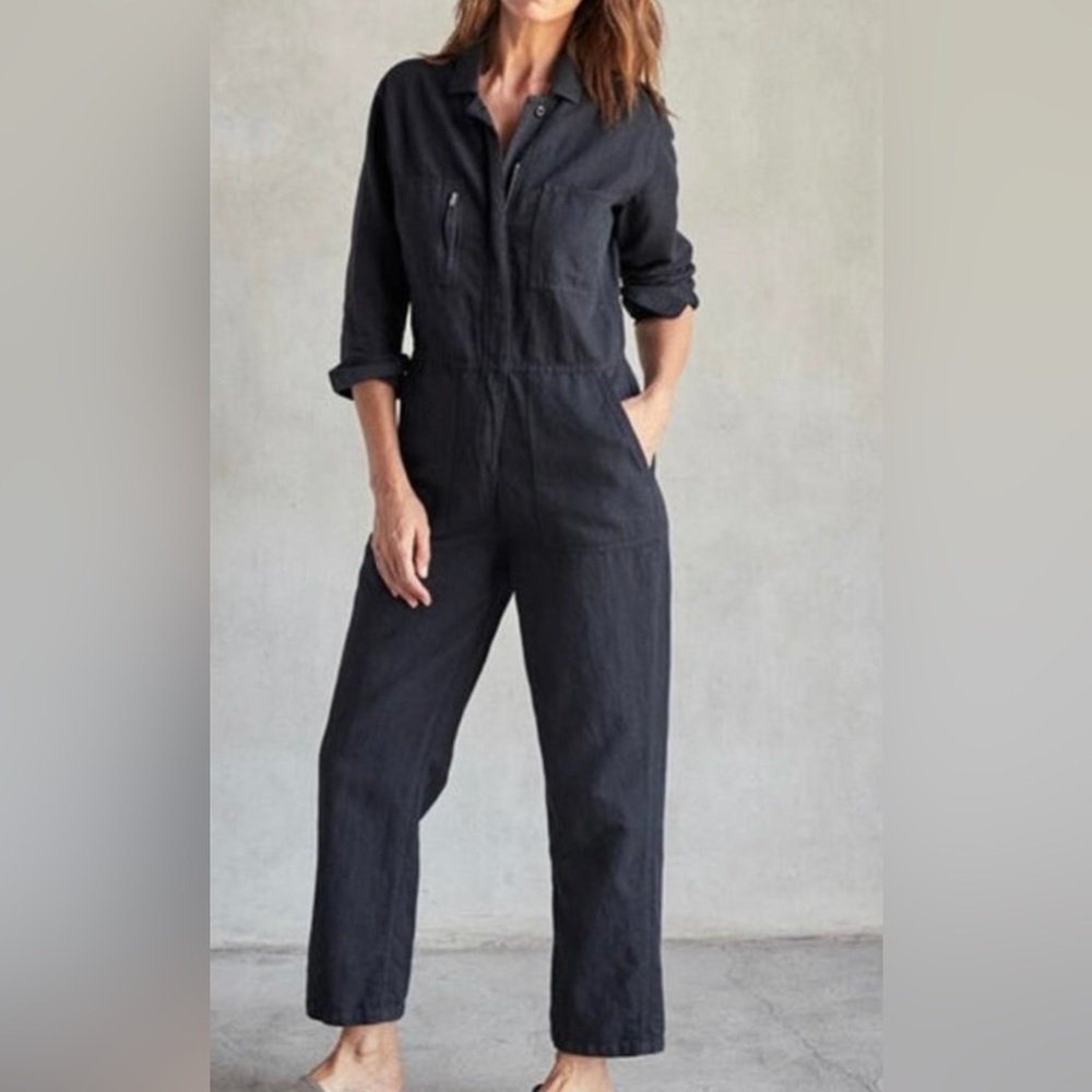 OUTERKNOWN Station Jumpsuit Womens Large Black Long Sleeve One Piece Linen NEW